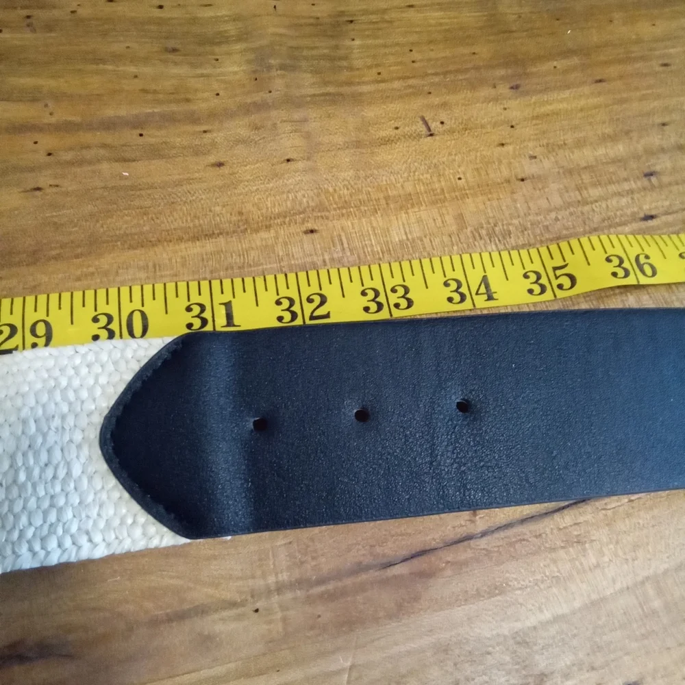 Stylish Black Faux Leather and Cream Woven Belt Sz L 34